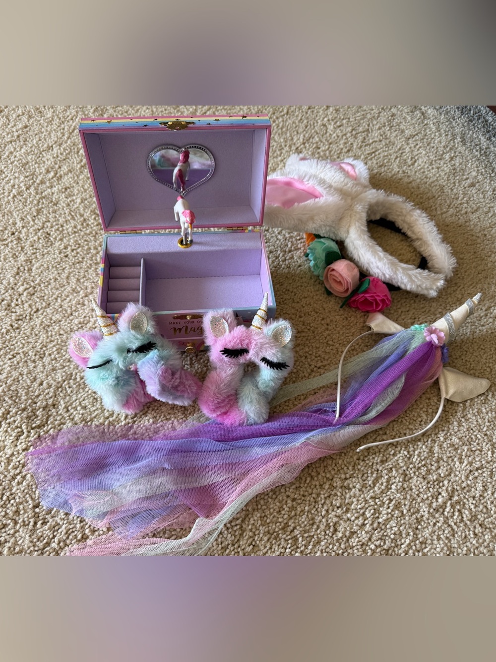 Unicorn Dress Up Accessory Lot Jewelry Box Headbands, Scrunchies Fairy Costume